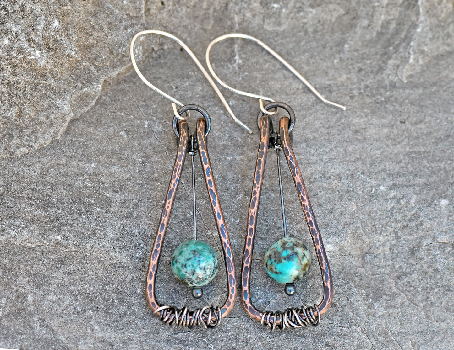 African Turquoise Jasper Earrings, Blue Green Gemstone Jewelry Copper, Rustic Mixed Metal Dangles, Unique Artisan