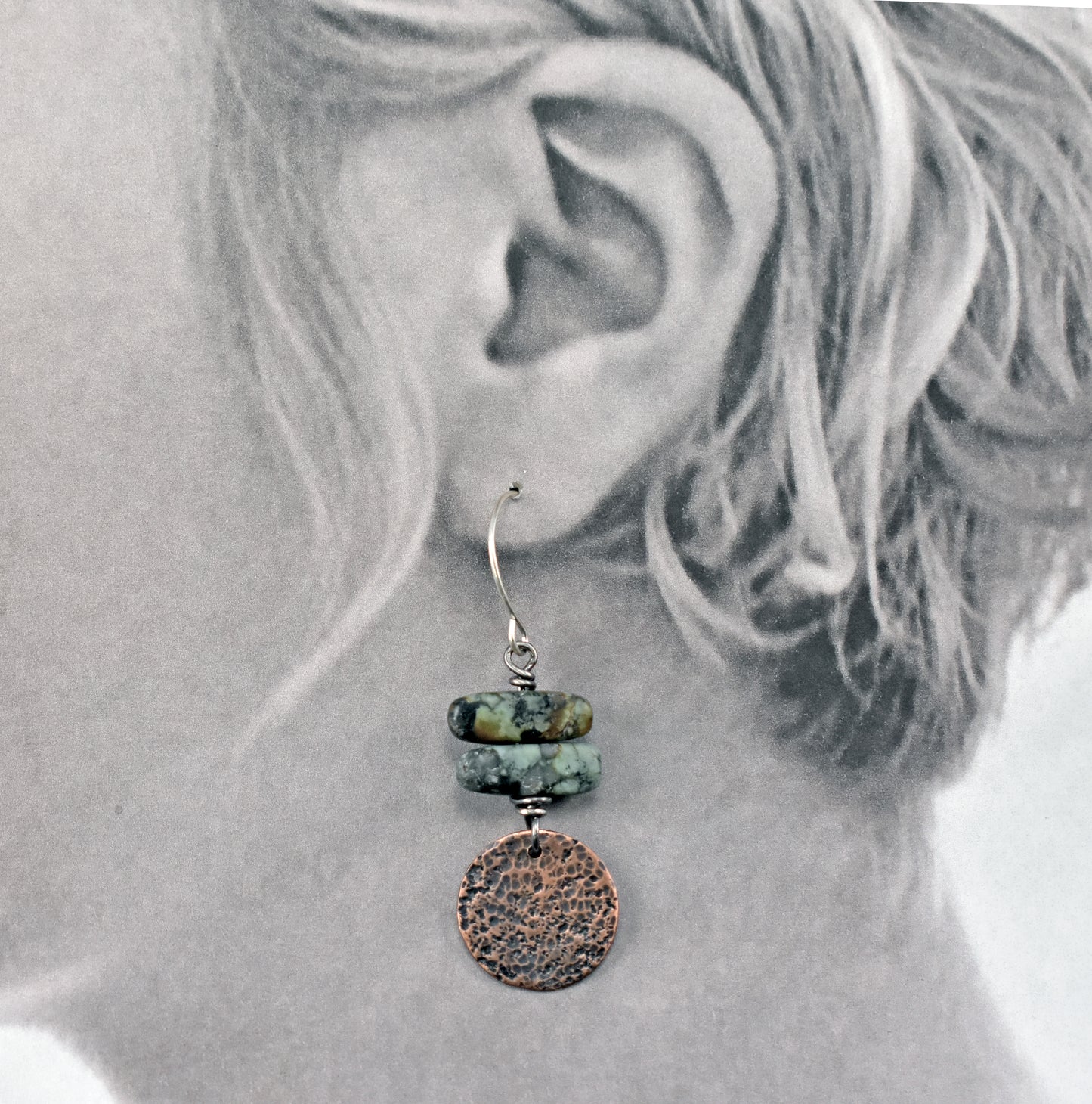 African Turquoise Jasper Earrings, Earthy Copper Gemstone Dangles, Rustic Green Stone Jewelry Handmade