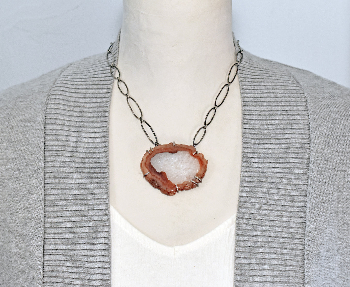 Agate Slice and Sterling Silver Prong-Set Necklace, Orange and White Stone with Handmade Chain