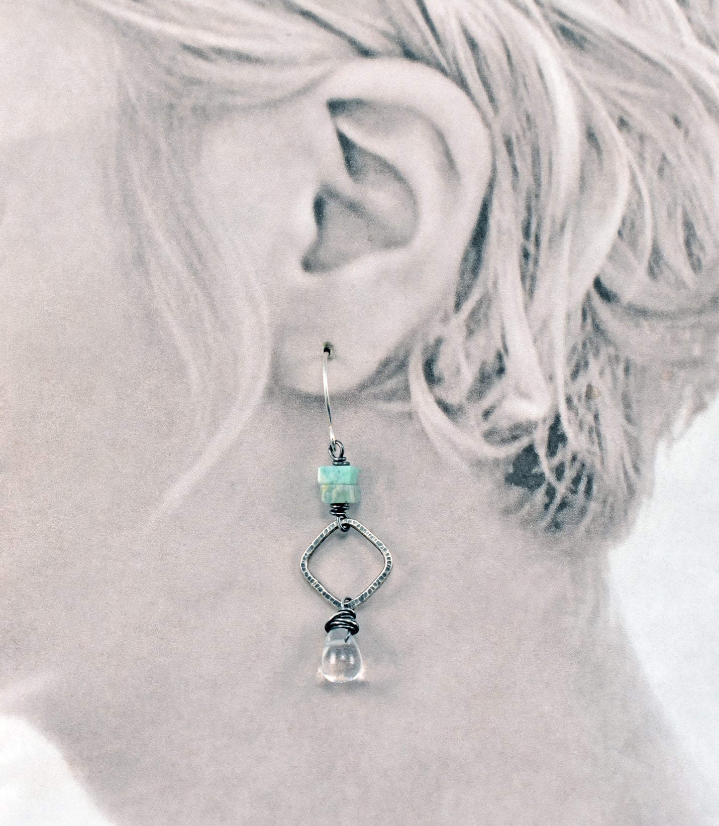 Amazonite and Quartz Teardrop Earrings, Sterling Silver Lightweight Dangles, Unique Artisan Natural Gemstone Jewelry