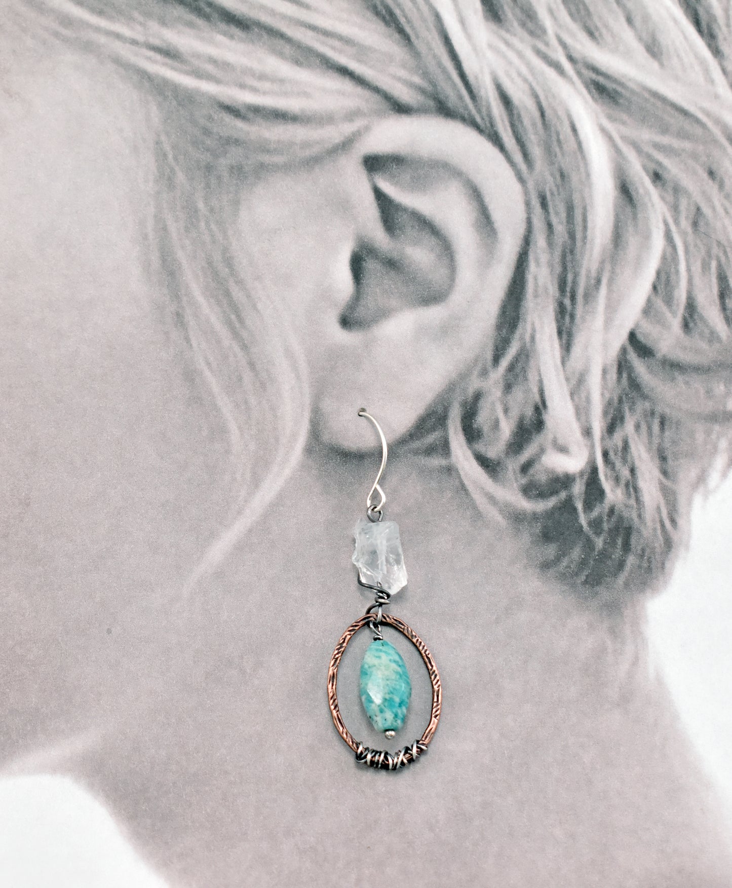 Amazonite and Raw Quartz Mixed Metal Earrings, Artisan Copper and Sterling Silver Handmade Jewelry