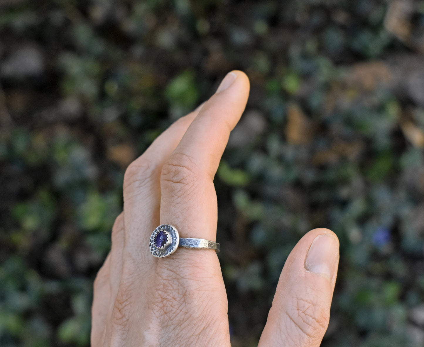 Amethyst Sterling Silver Ring Size 8.5, Organic Rustic Purple Gemstone Metalsmith Jewelry