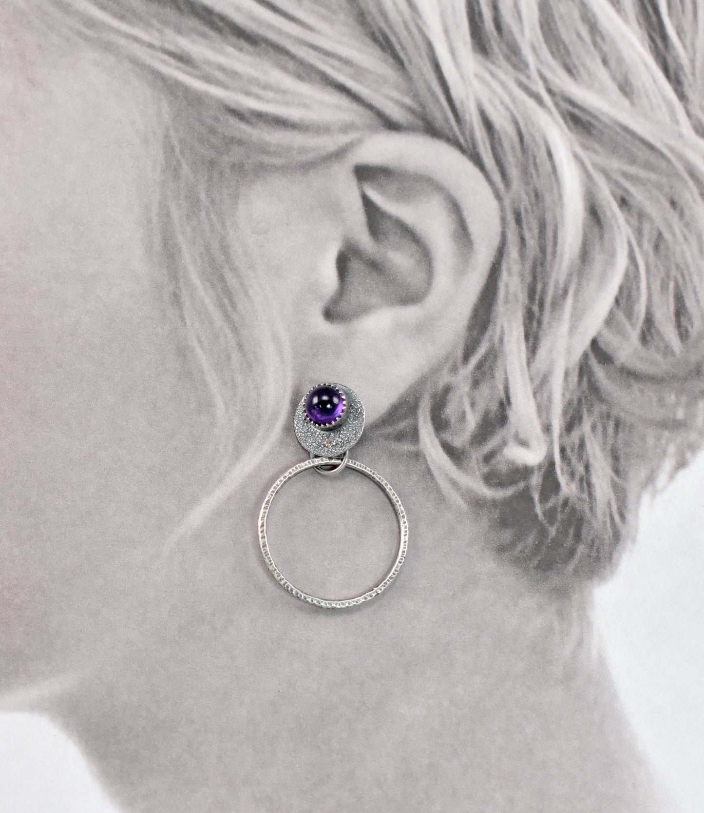 Amethyst and Sterling Silver Hoop Earrings, Unique Silversmith Jewelry