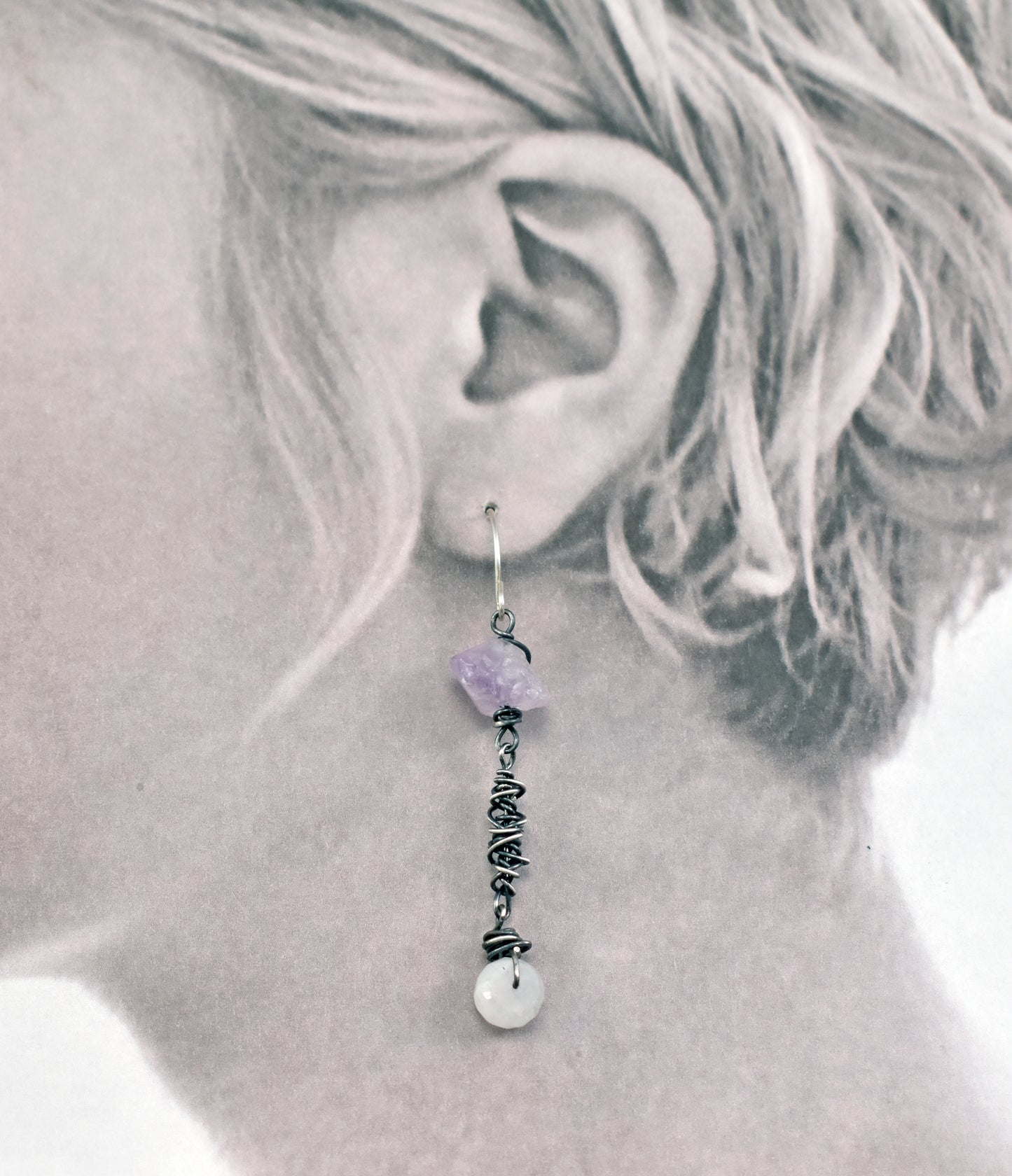 Raw Amethyst, Moonstone and Sterling Silver Earrings, Unique Handmade Rustic Purple Jewelry