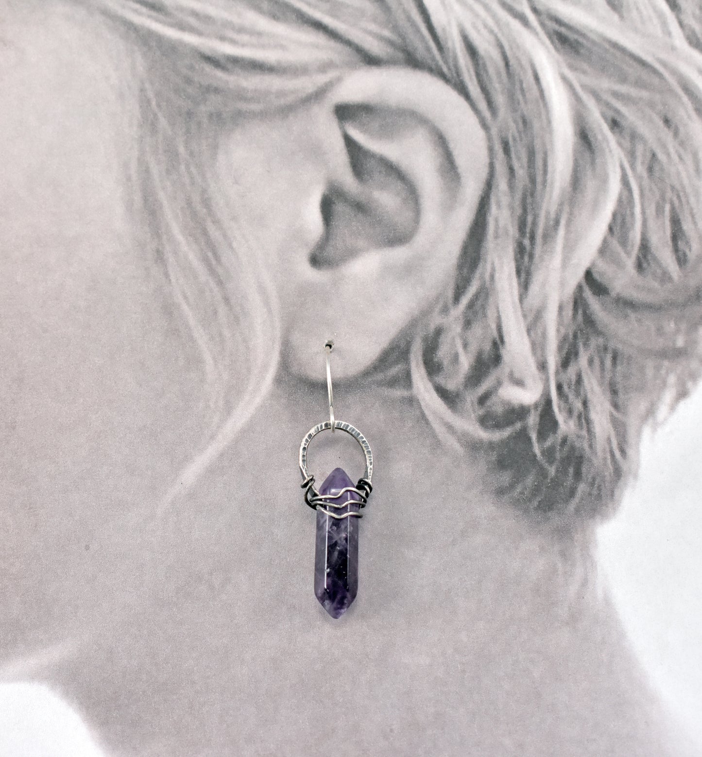 Amethyst Double Terminated Point and Sterling Silver Earrings, Unique Handmade Purple Jewelry