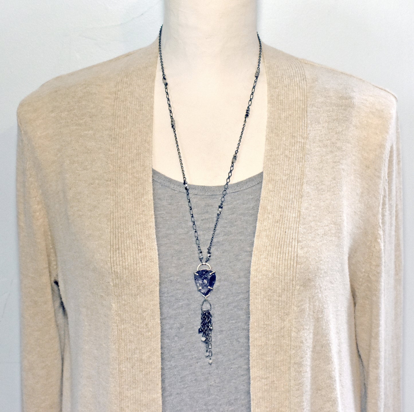 Raw Amethyst and Sterling Silver Prong Necklace, Artisan Purple Stone Pendant with Long Chain