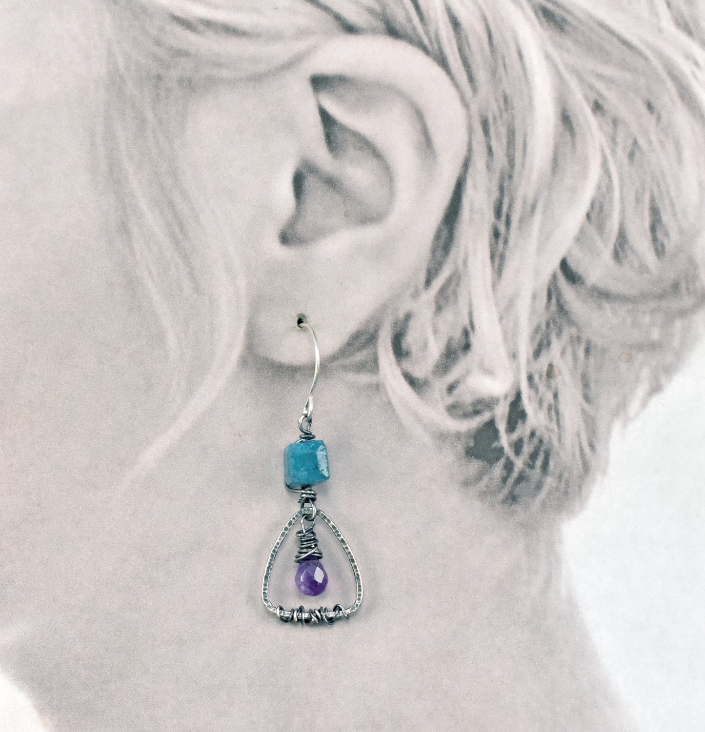 Amethyst, Apatite and Sterling Silver Wire Triangle Earrings, Handmade Artisan Jewelry