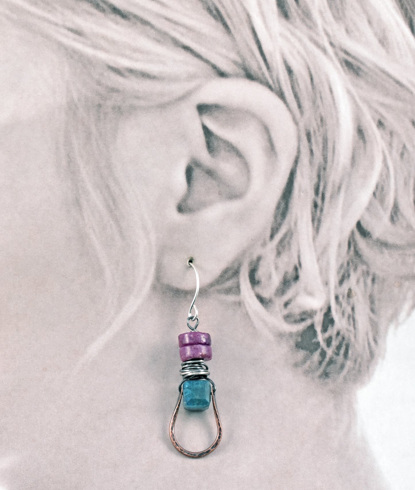 Apatite and Lepidolite Earrings, Fun Colorful Mixed Metal Artisan Jewelry