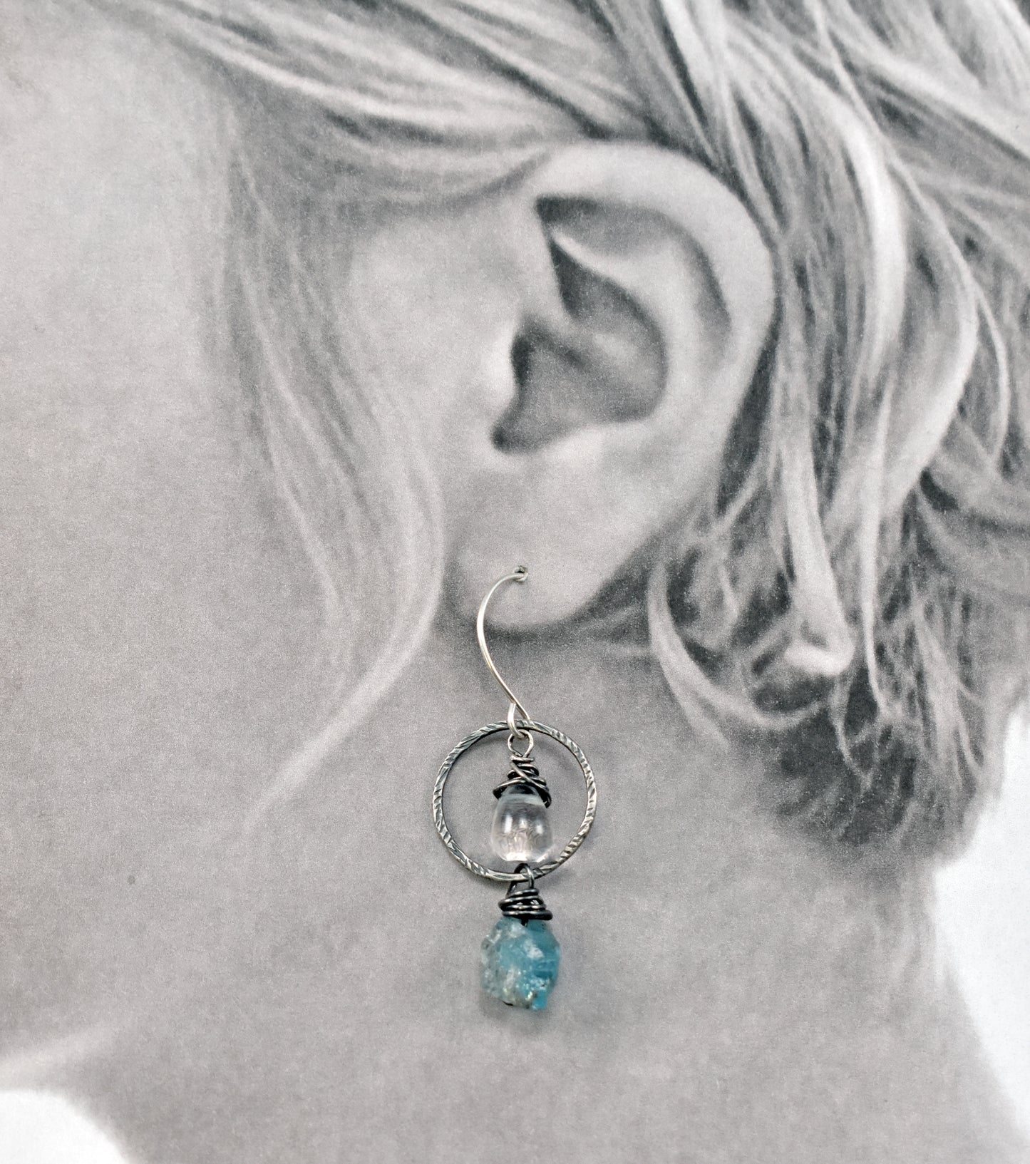 Raw Apatite and Quartz Asymmetrical Sterling Silver Earrings, Blue Handmade Unique Jewelry