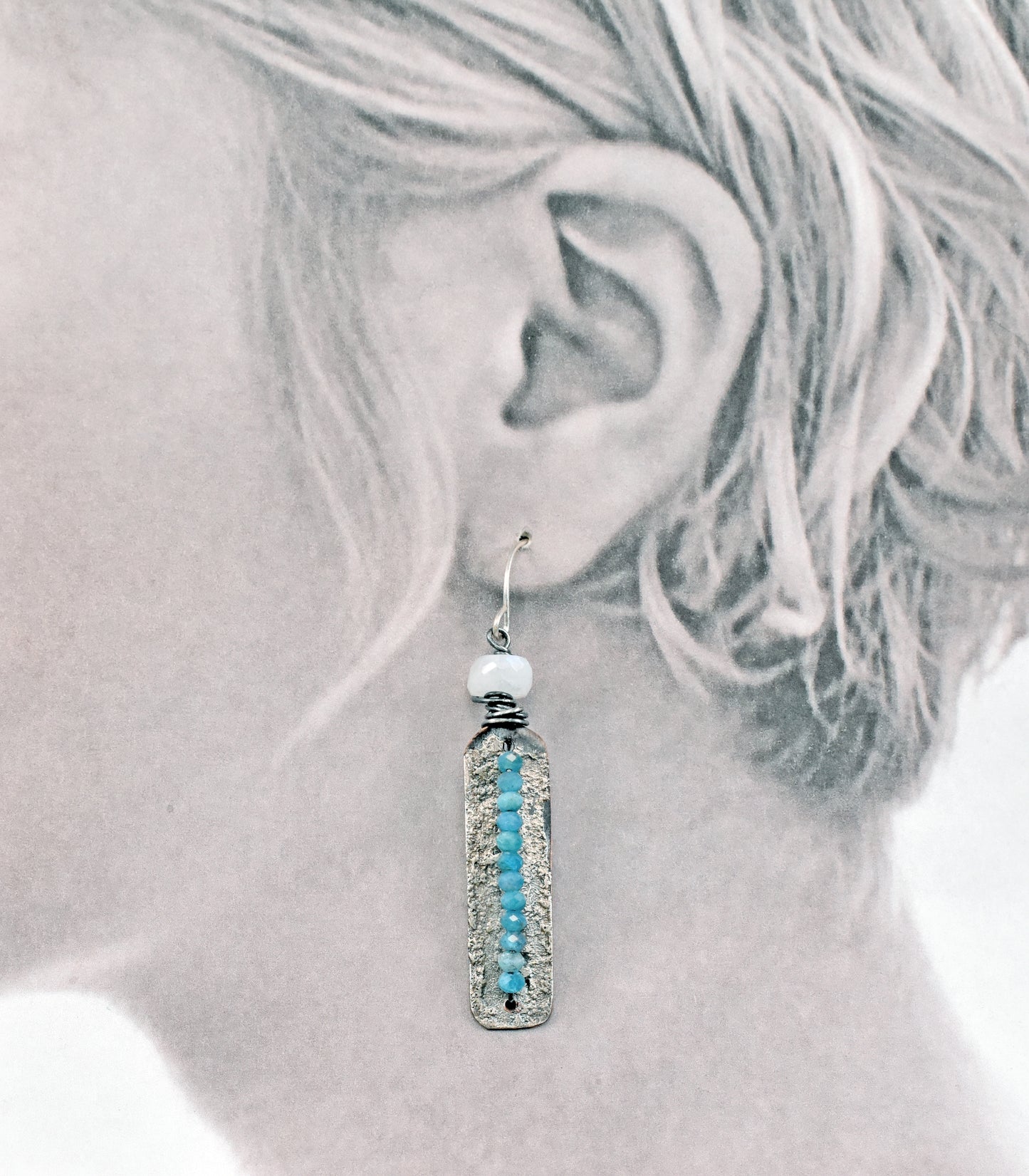 Apatite and Moonstone Mixed Metal Earrings, Sterling Silver on Copper Unique Green Blue Rustic Handmade Jewelry