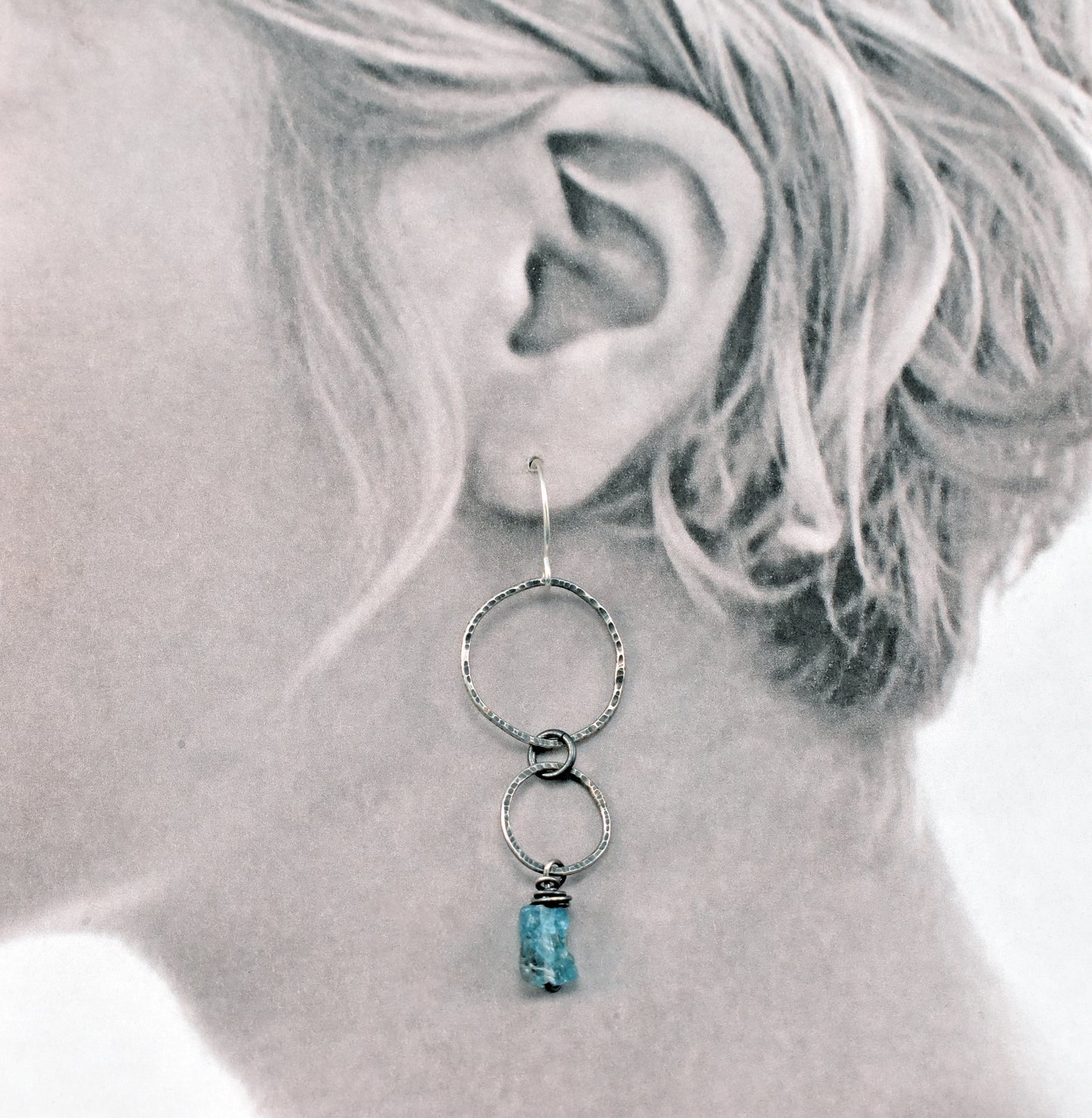 Long Raw Apatite and Sterling Silver Circle Earrings, Organic Rough Gemstone Handmade Jewelry