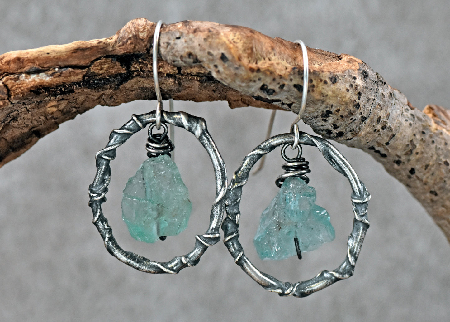 Raw Apatite and Sterling Silver Earrings, Organic Rough Gemstone Dangles, Unique Artisan Jewelry