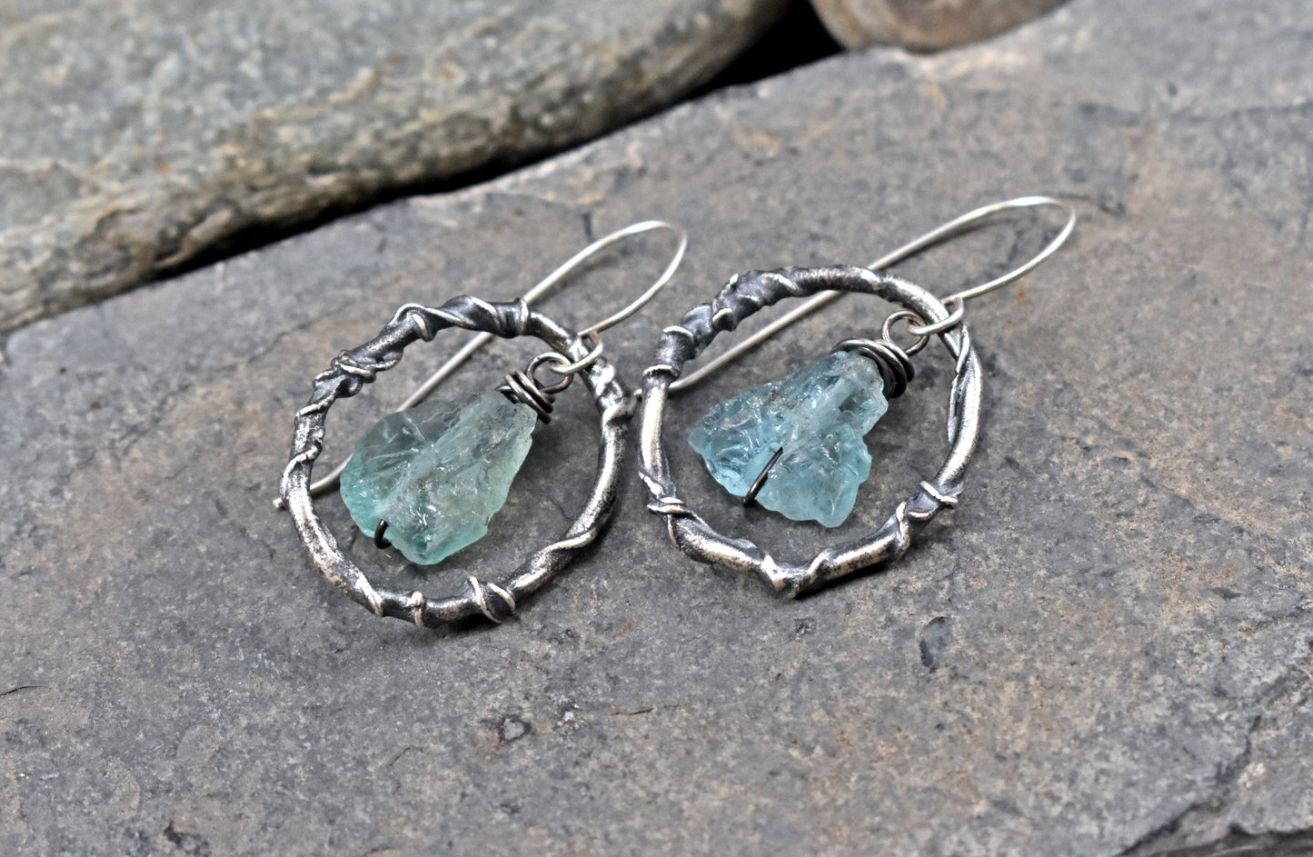 Raw Apatite and Sterling Silver Earrings, Organic Rough Gemstone Dangles, Unique Artisan Jewelry