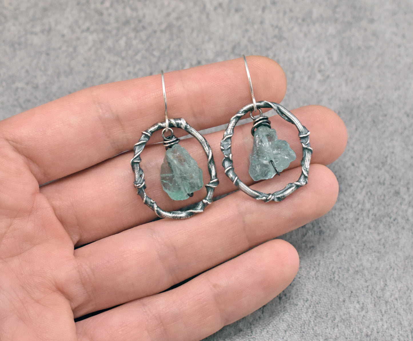 Raw Apatite and Sterling Silver Earrings, Organic Rough Gemstone Dangles, Unique Artisan Jewelry
