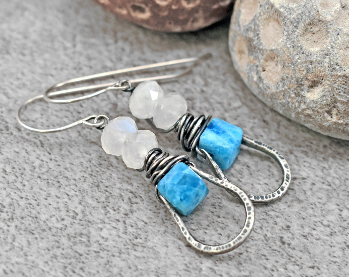 Blue Apatite Earrings, Rustic Moonstone Sterling Silver Dangles, Natural Stone Wire Wrap Jewelry, Artisan Unique Metalwork