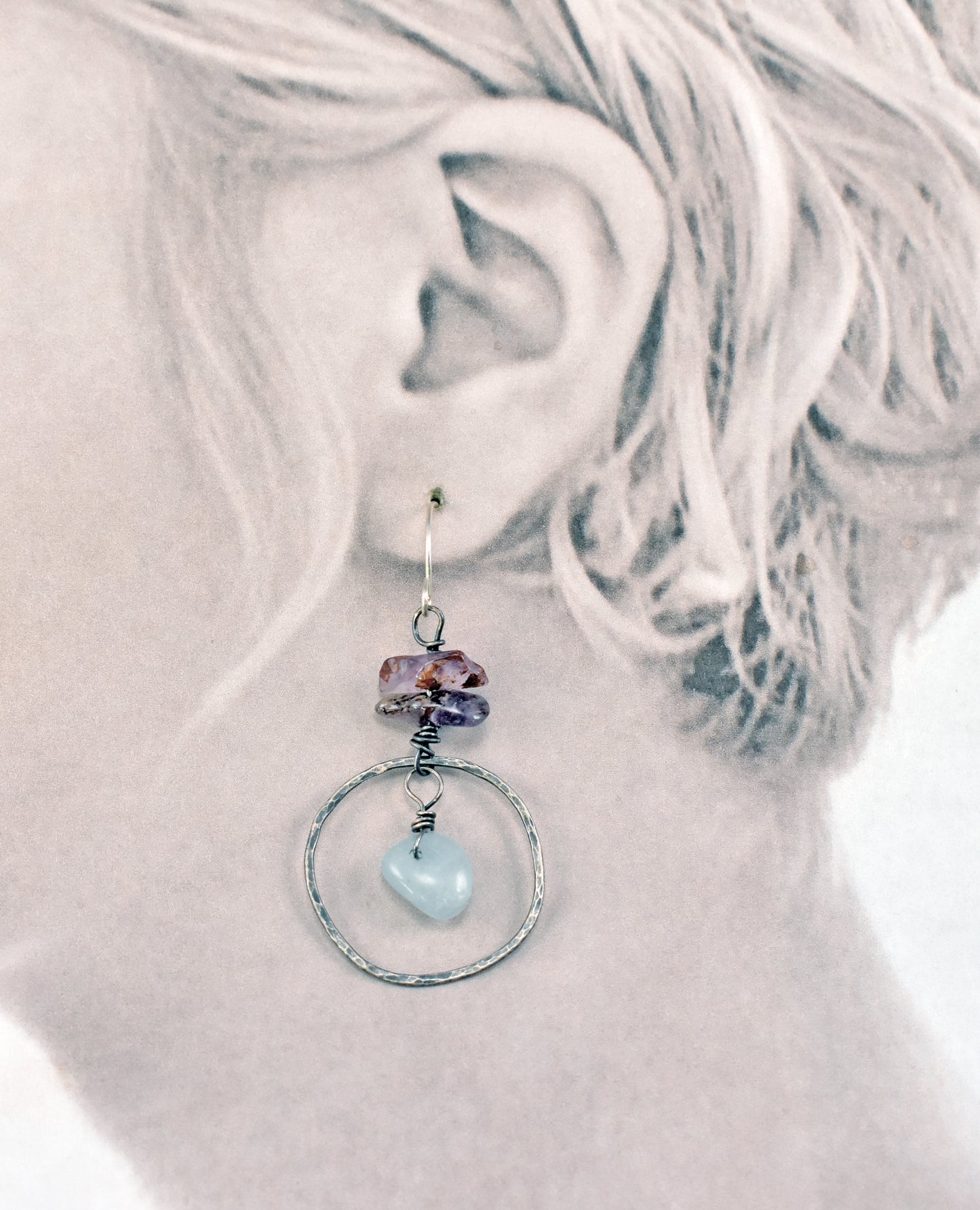 Aquamarine and Super Seven Asymmetrical Sterling Silver Earrings, Blue and Purple Handmade Jewelry