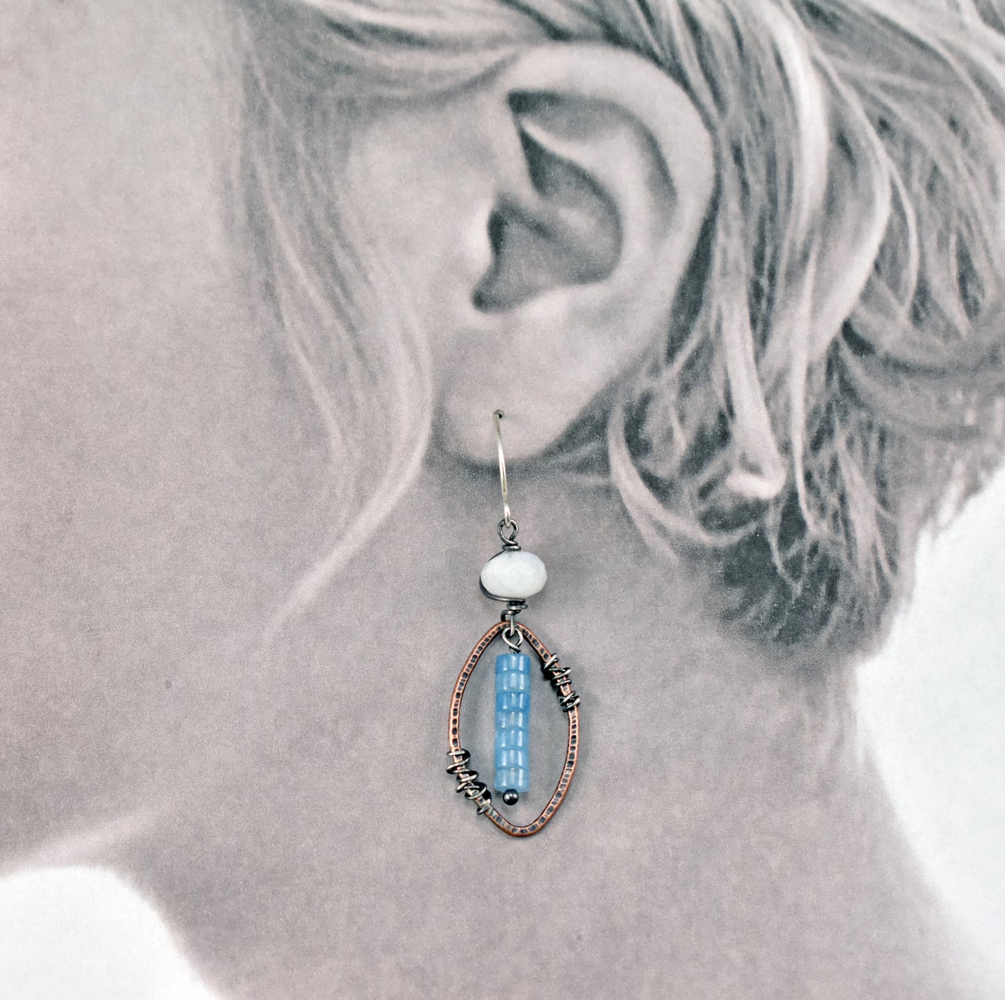 Aquamarine and Moonstone Mixed Metal Earrings, Artisan Copper and Sterling Silver Handmade Jewelry