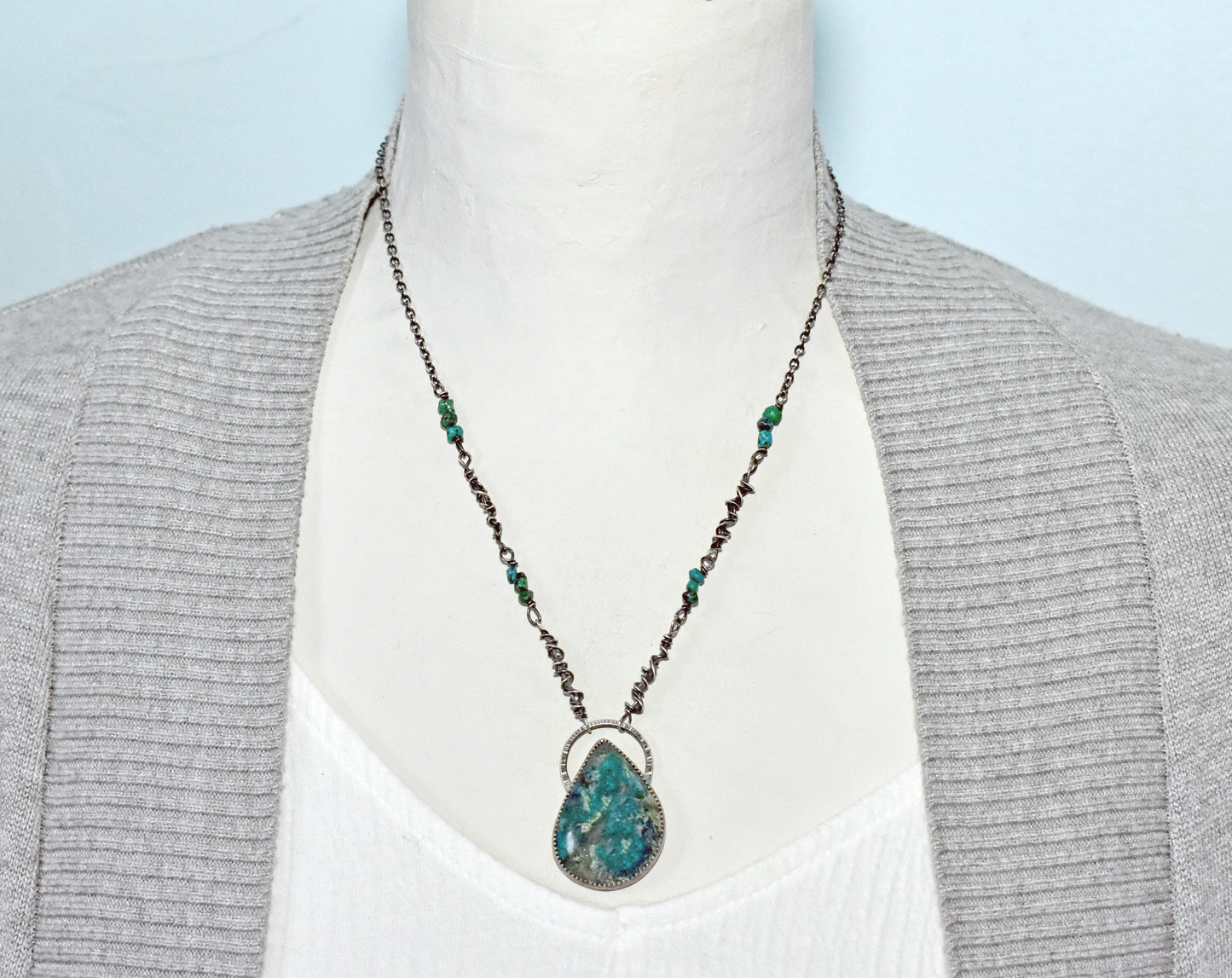 Chrysocolla Azurite and Sterling Silver Necklace, Rustic Silversmith Pendant, Artisan Handmade Jewelry