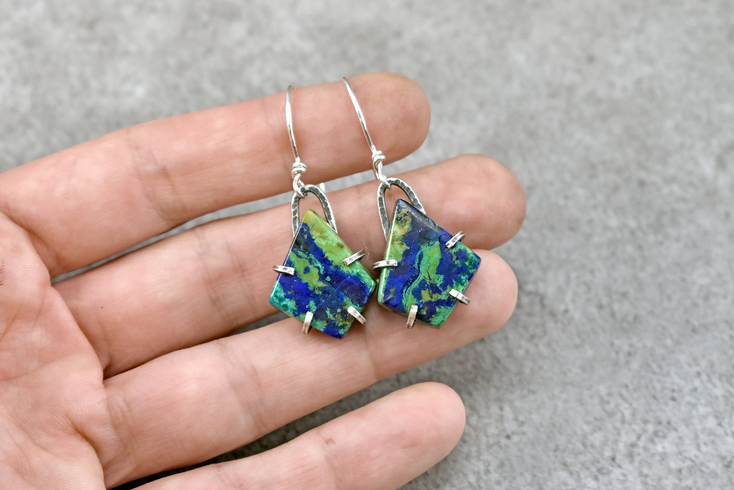 Azurite Malachite Sterling Silver Prong Set Dangle Earrings