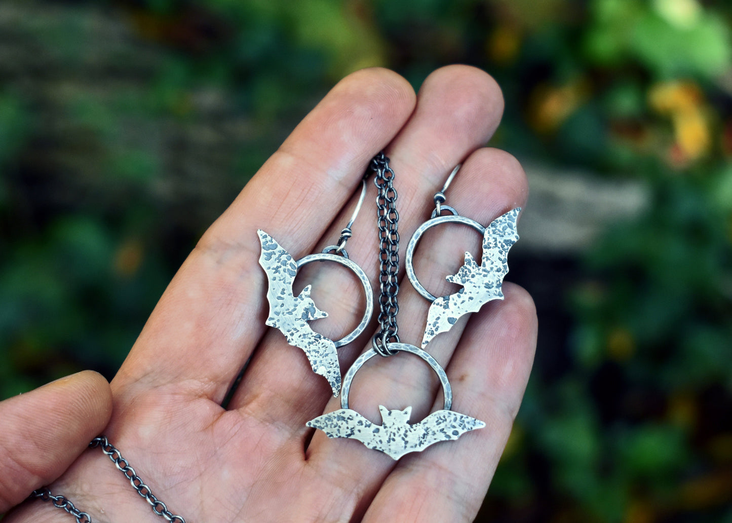 Sterling Silver Handmade Bat Earrings, Rustic Artisan Halloween Jewelry