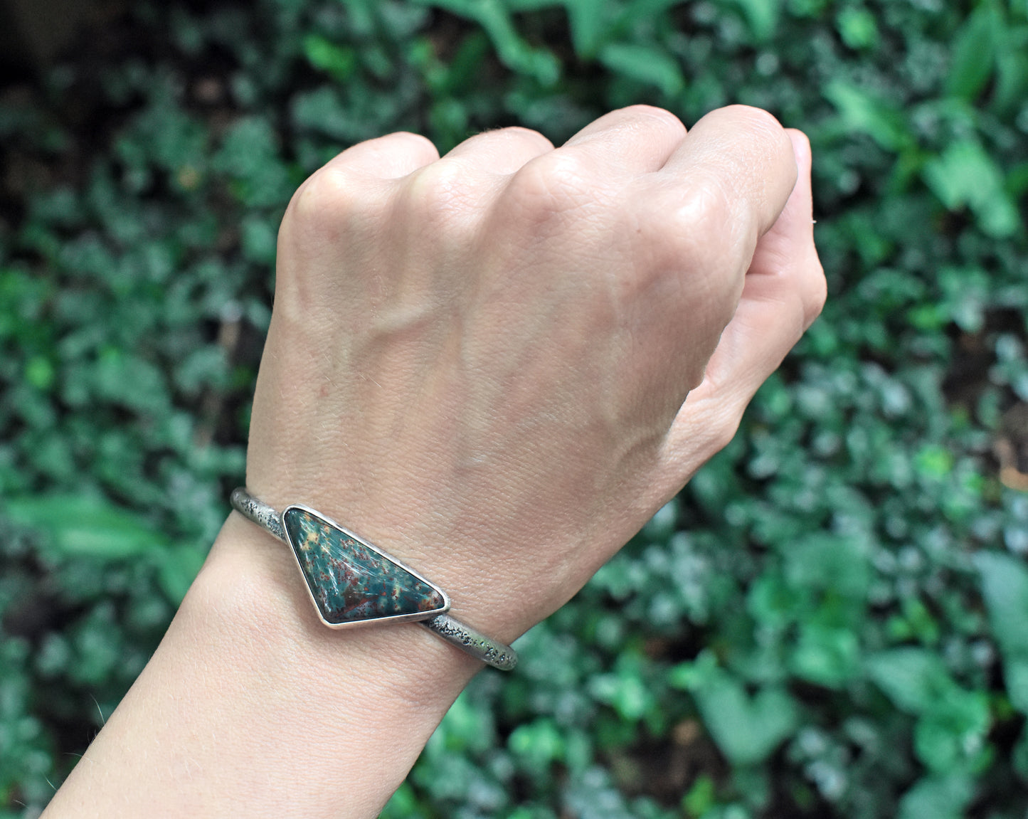 Bloodstone and Sterling Silver Cuff Bracelet, Size Small, Artisan Green Stone Jewelry