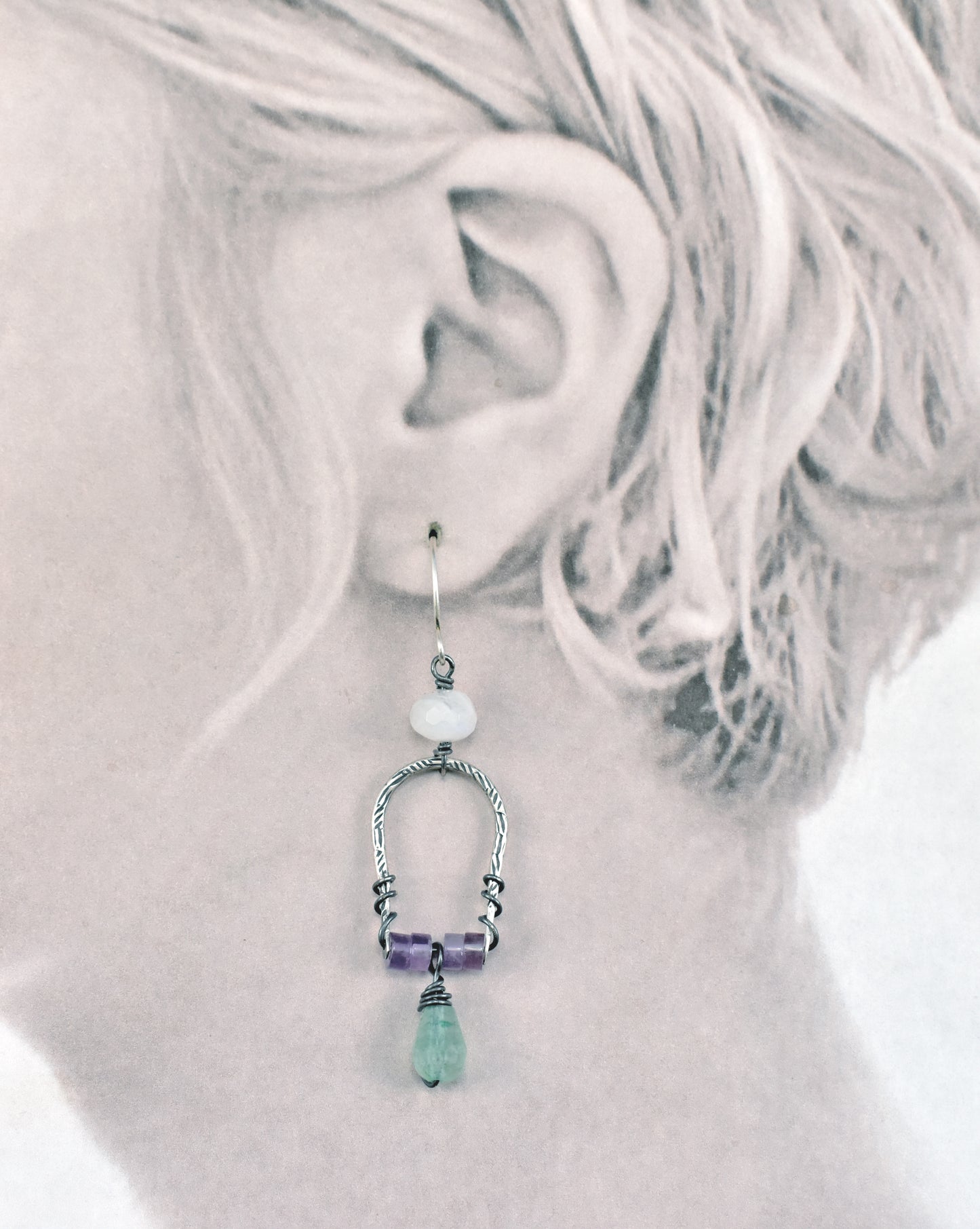 Amethyst, Moonstone, Green Chalcedony Earrings
