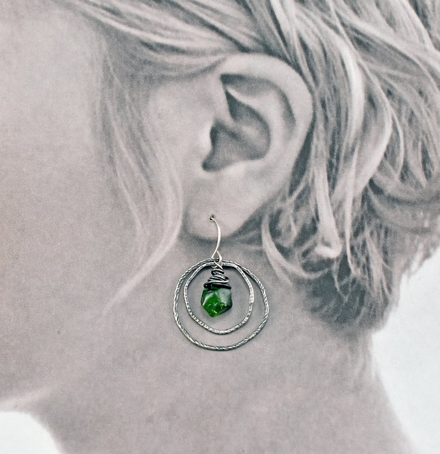 Chrome Diopside and Sterling Silver Double Hoop Earrings, Vibrant Green Lightweight Wire Wrap Jewelry