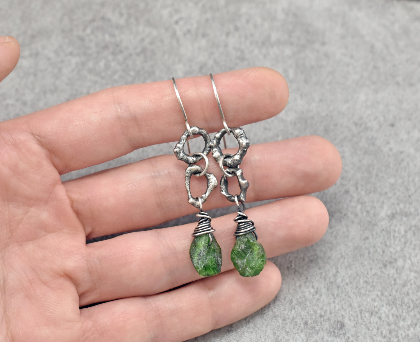 Chrome Diopside and Sterling Silver Earrings, Raw Green Stone Dangles, Organic Artisan Silversmith Jewelry