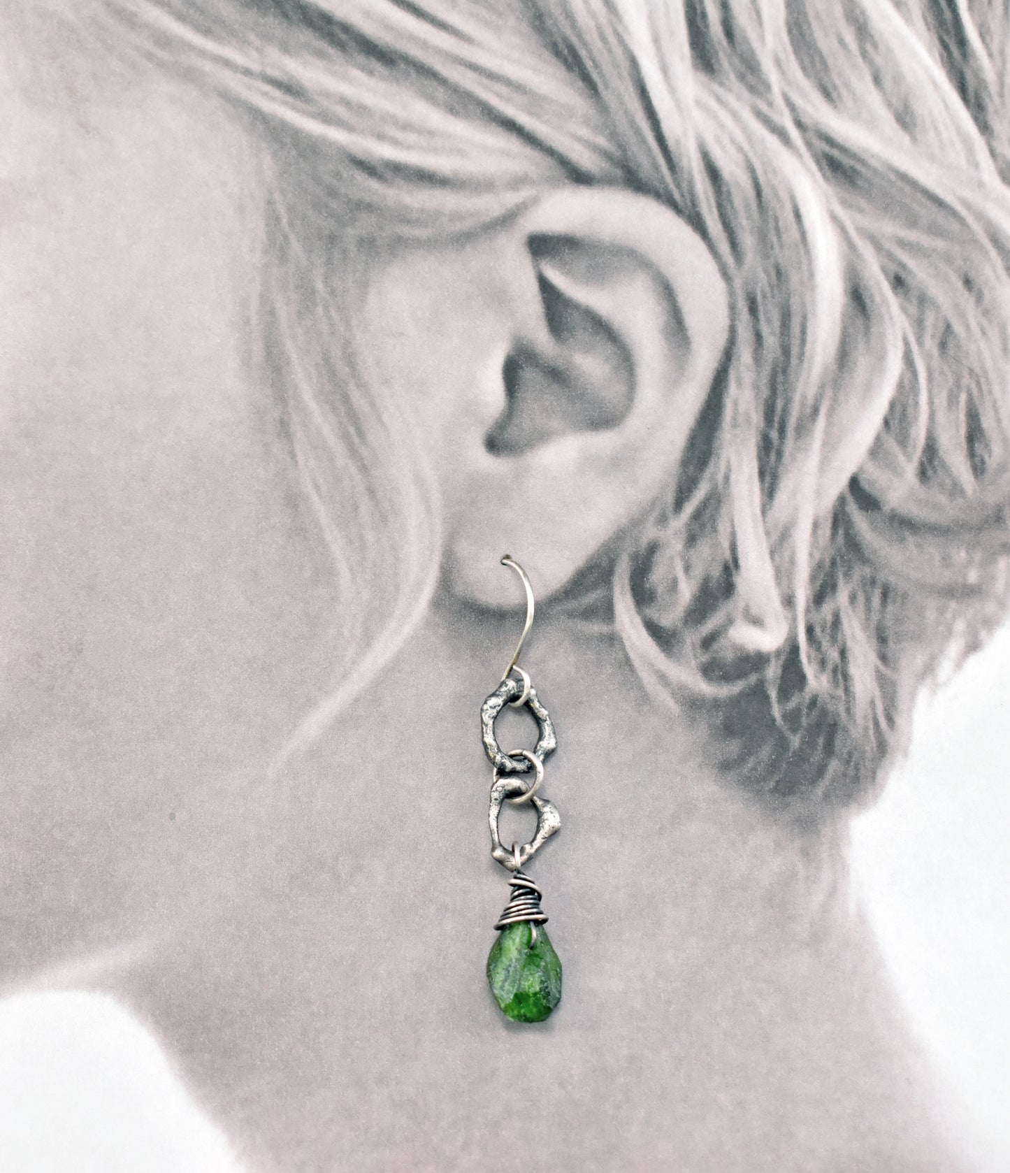 Chrome Diopside and Sterling Silver Earrings, Raw Green Stone Dangles, Organic Artisan Silversmith Jewelry
