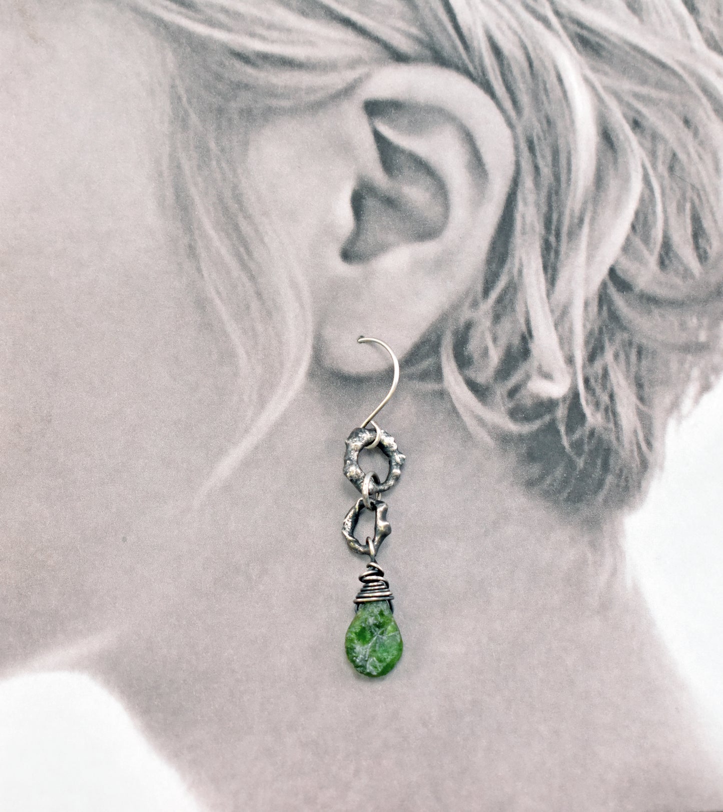 Chrome Diopside and Sterling Silver Earrings, Raw Green Stone Dangles, Organic Artisan Silversmith Jewelry