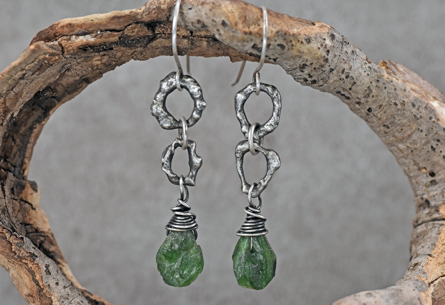 Chrome Diopside and Sterling Silver Earrings, Raw Green Stone Dangles, Organic Artisan Silversmith Jewelry