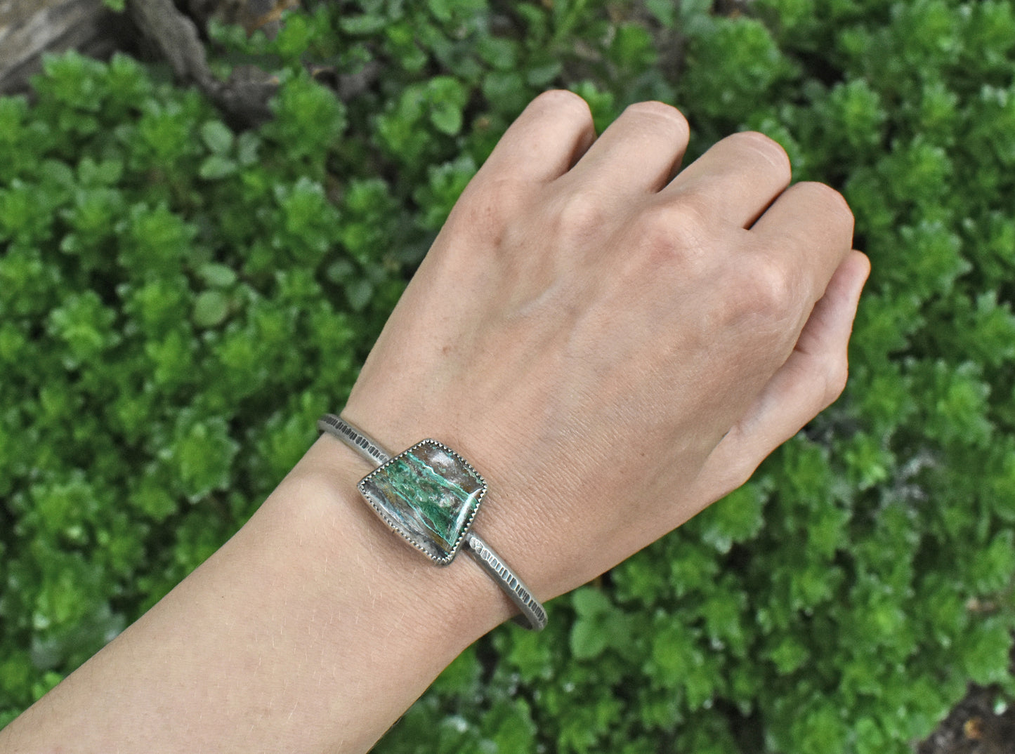 Chrysocolla and Sterling Silver Cuff Bracelet, Size Medium, Rustic Artisan Jewelry, Green Brown Stone