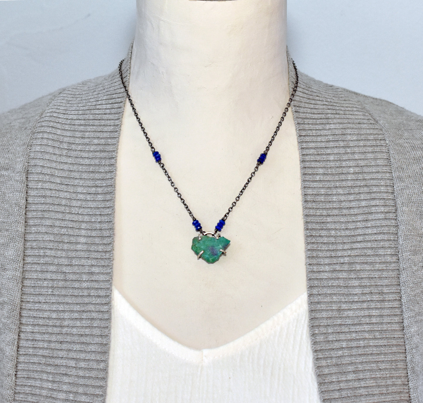 Raw Chrysocolla Prong-Set Sterling Silver Necklace