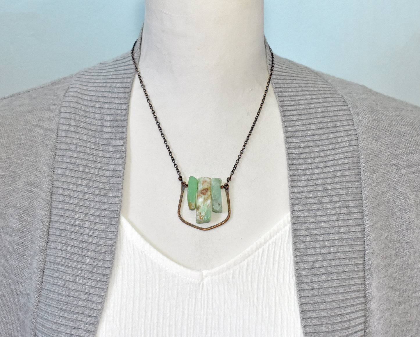 Chrysoprase and Copper Wire Necklace, Unique Handmade Natural Light Green Gemstone Jewelry