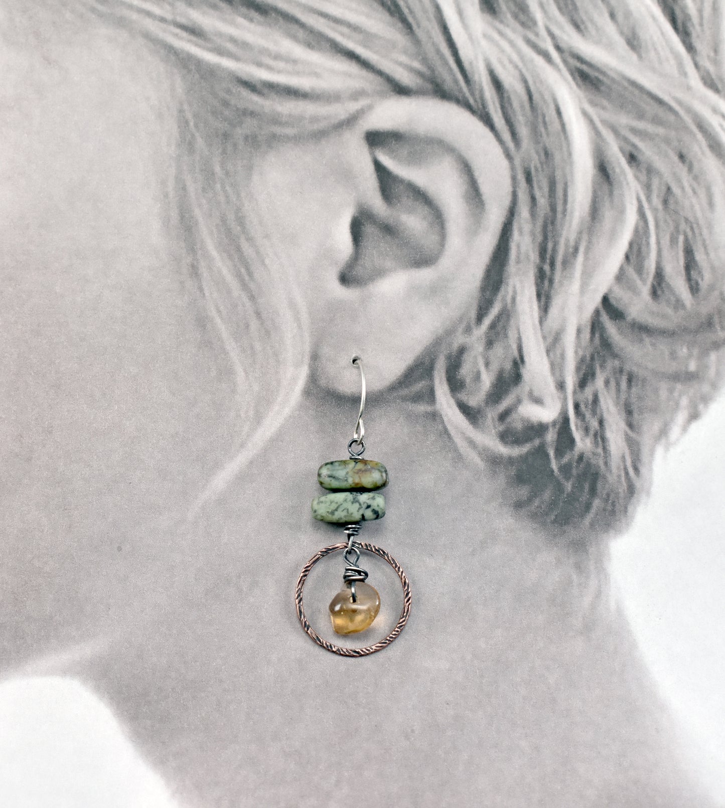 African Turquoise and Citrine Asymmetrical Earrings, Rustic Mixed Metal Copper Green and Yellow Circle Jewelry
