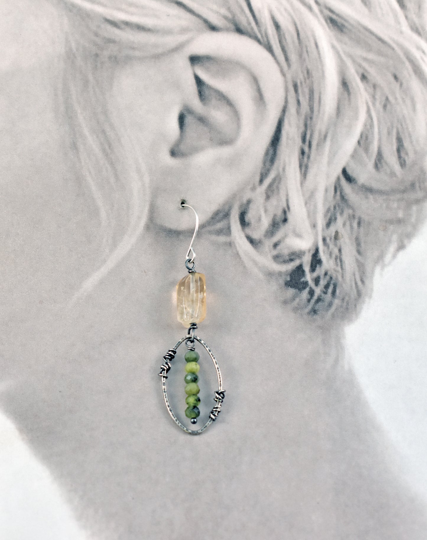 Citrine, Canadian Jade and Sterling Silver Wire Earrings, Rustic Handmade Metalsmith Jewelry