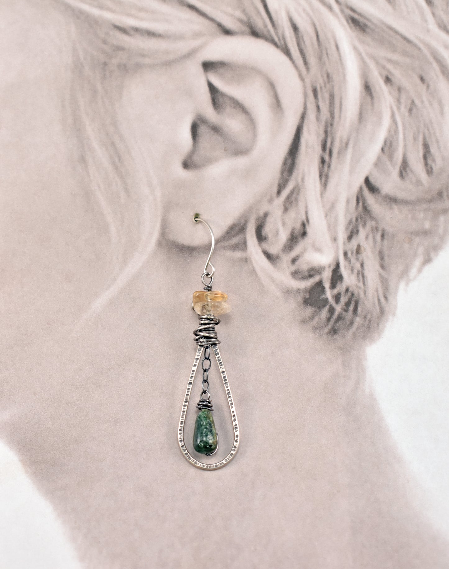 Citrine, Aventurine and Sterling Silver Earrings, Dark Green and Yellow Gemstone Dangles