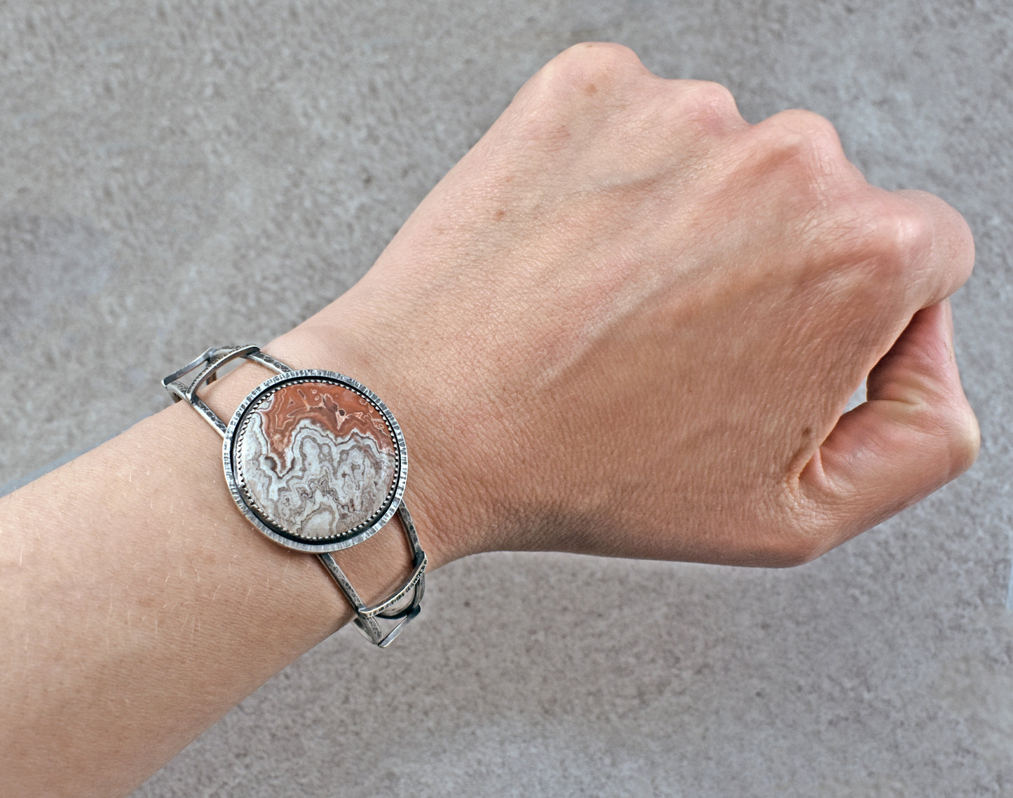 Crazy Lace Agate and Sterling Silver Cuff Bracelet, Size Small