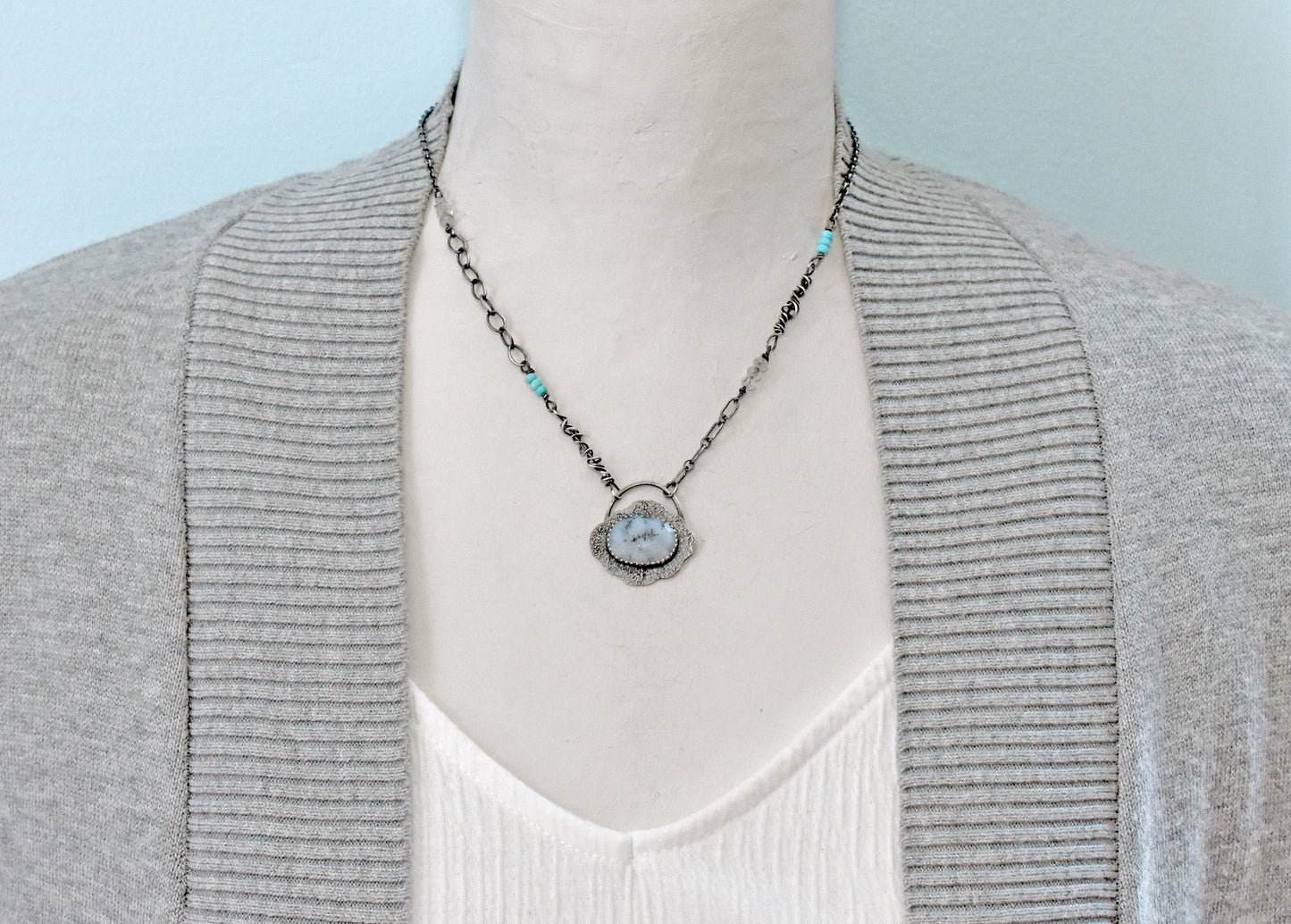 Dendritic Opal, Turquoise, Quartz and Sterling Silver Necklace, Fun Unique Silversmith Jewelry