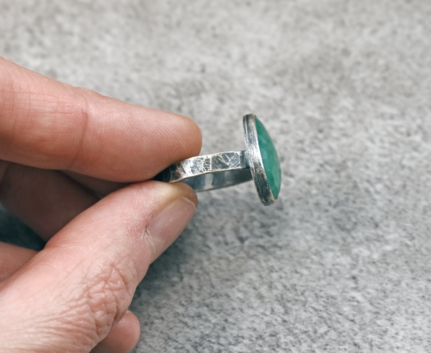 Faceted Emerald and Sterling Silver Ring, Size 7.75, Rustic Silversmith Jewelry