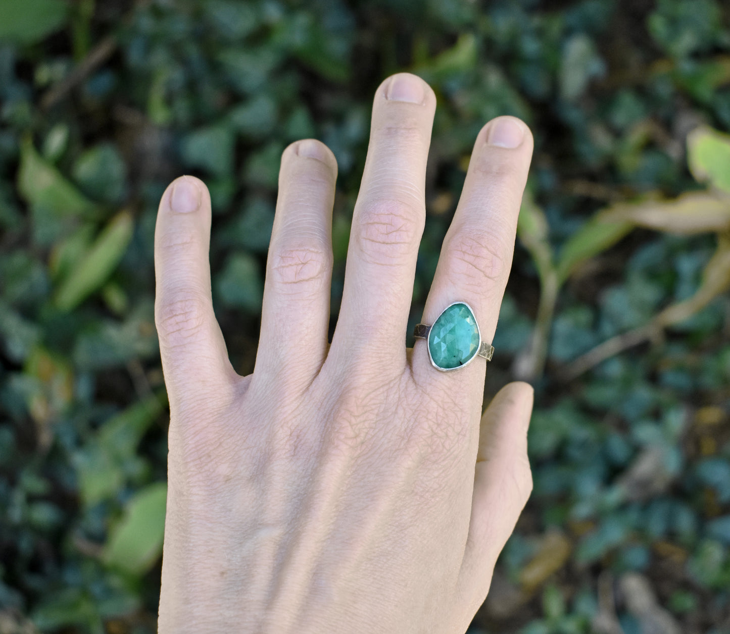 Faceted Emerald and Sterling Silver Ring, Size 7.75, Rustic Silversmith Jewelry