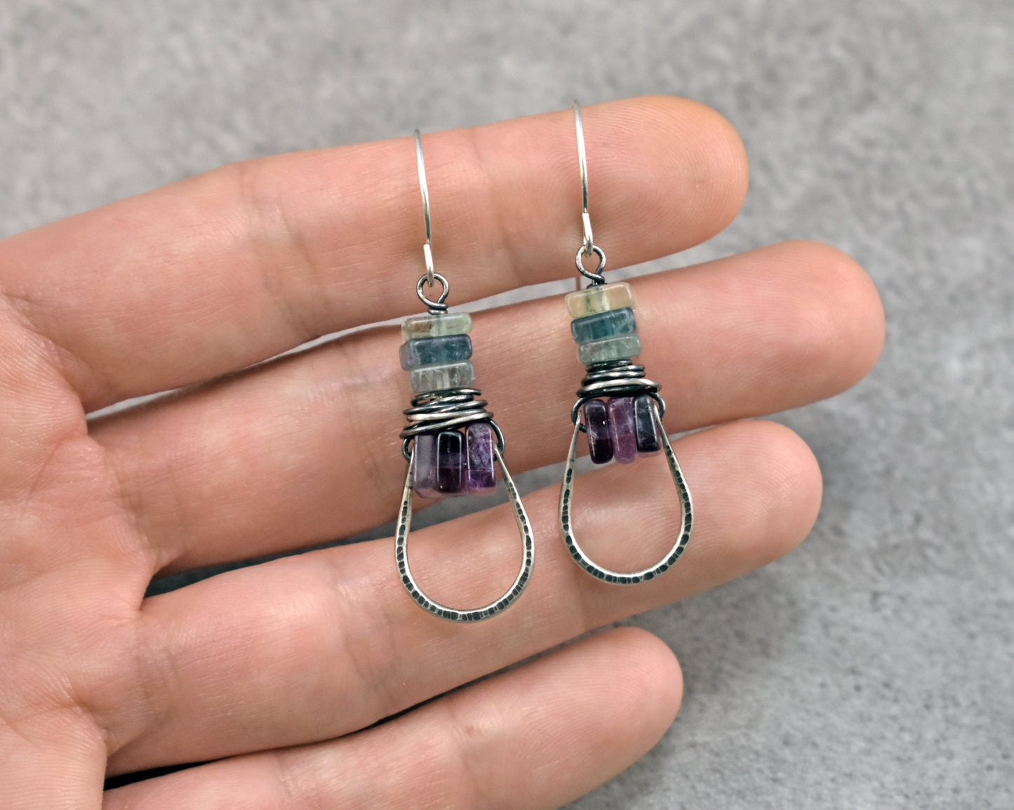 Fluorite and Sterling Silver Dangle Earrings, Green and Purple Gemstone Jewelry