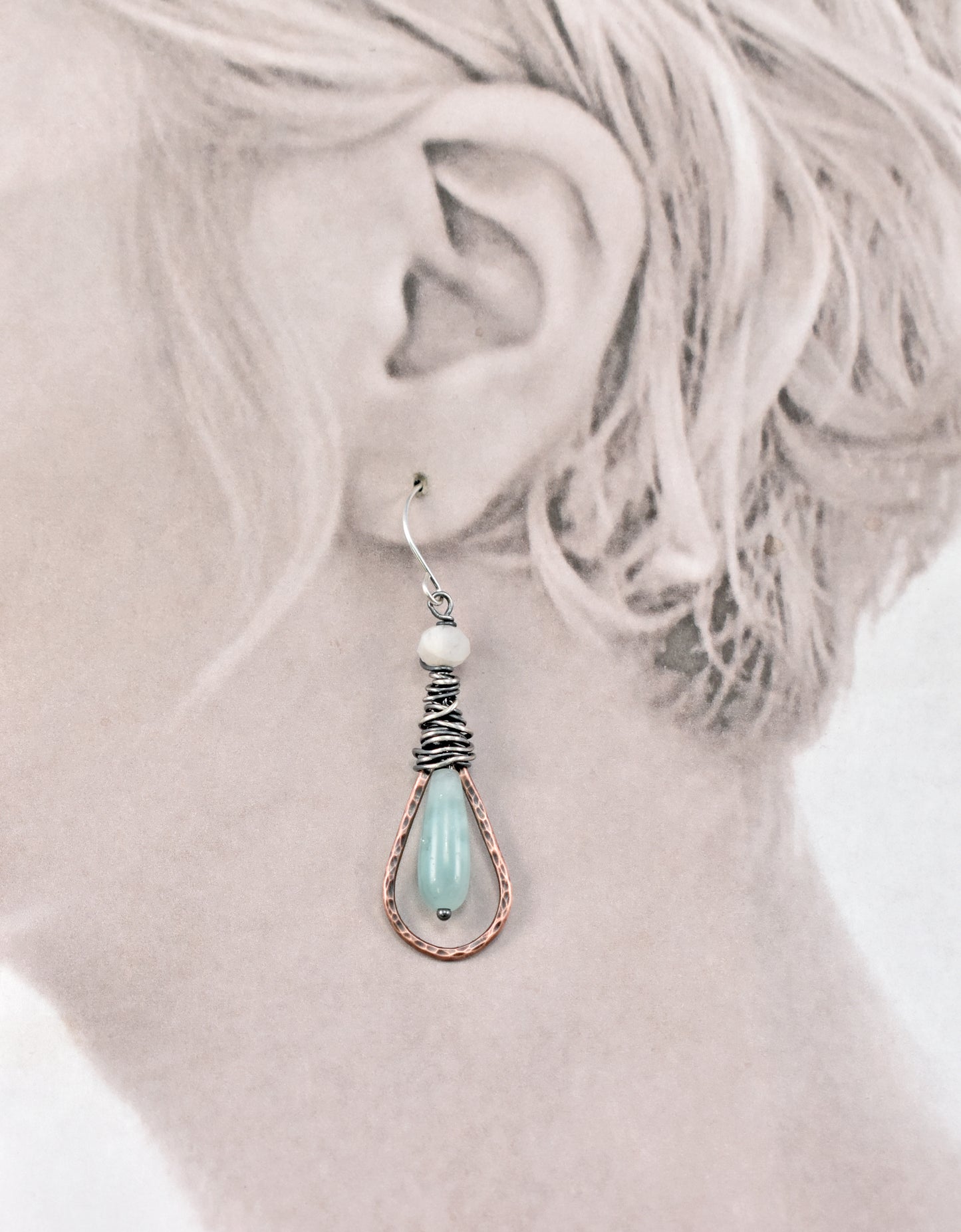 Green Moonstone Mixed Metal Earrings, Rustic Copper and Sterling Silver Jewelry