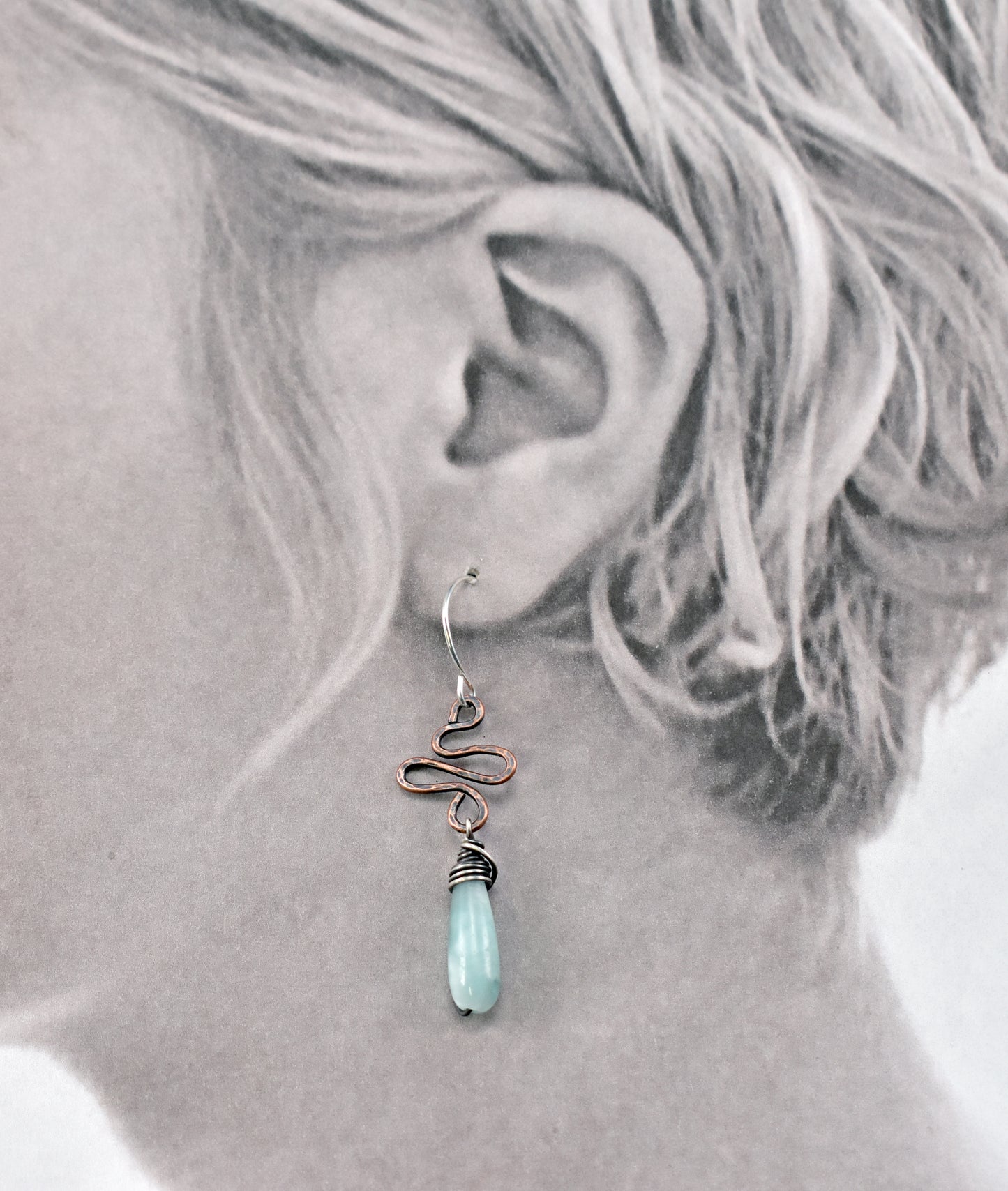 Green Moonstone Mixed Metal Earrings, Rustic Copper Twisted Wire and Sterling Silver Jewelry