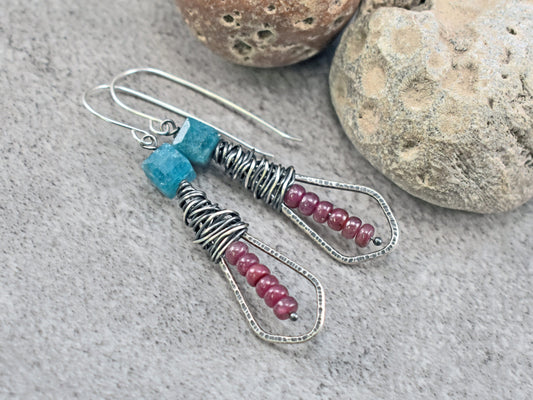 Raw Apatite and Ruby Earrings, Rustic Sterling Silver Gemstone Dangles, Blue and Pink Stones, Unique Artisan Wire Jewelry Handmade