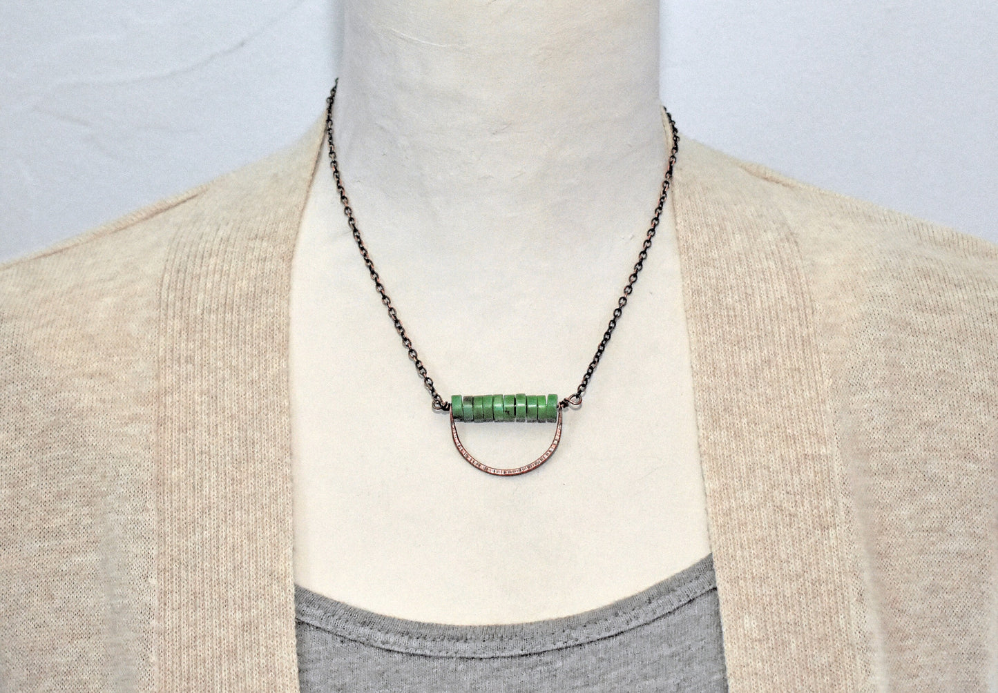Rustic Green Turquoise Necklace, Hammered Copper Wire Pendant, Unique Boho Jewelry Handmade, Natural Gemstone