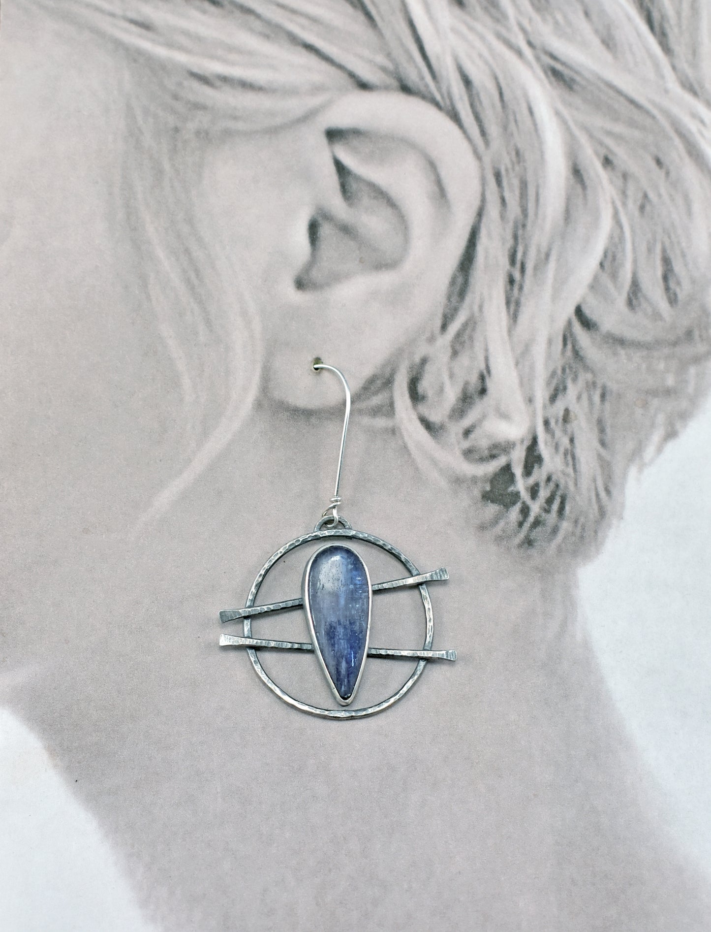 Large Kyanite and Sterling Silver Circle Statement Dangle Earrings