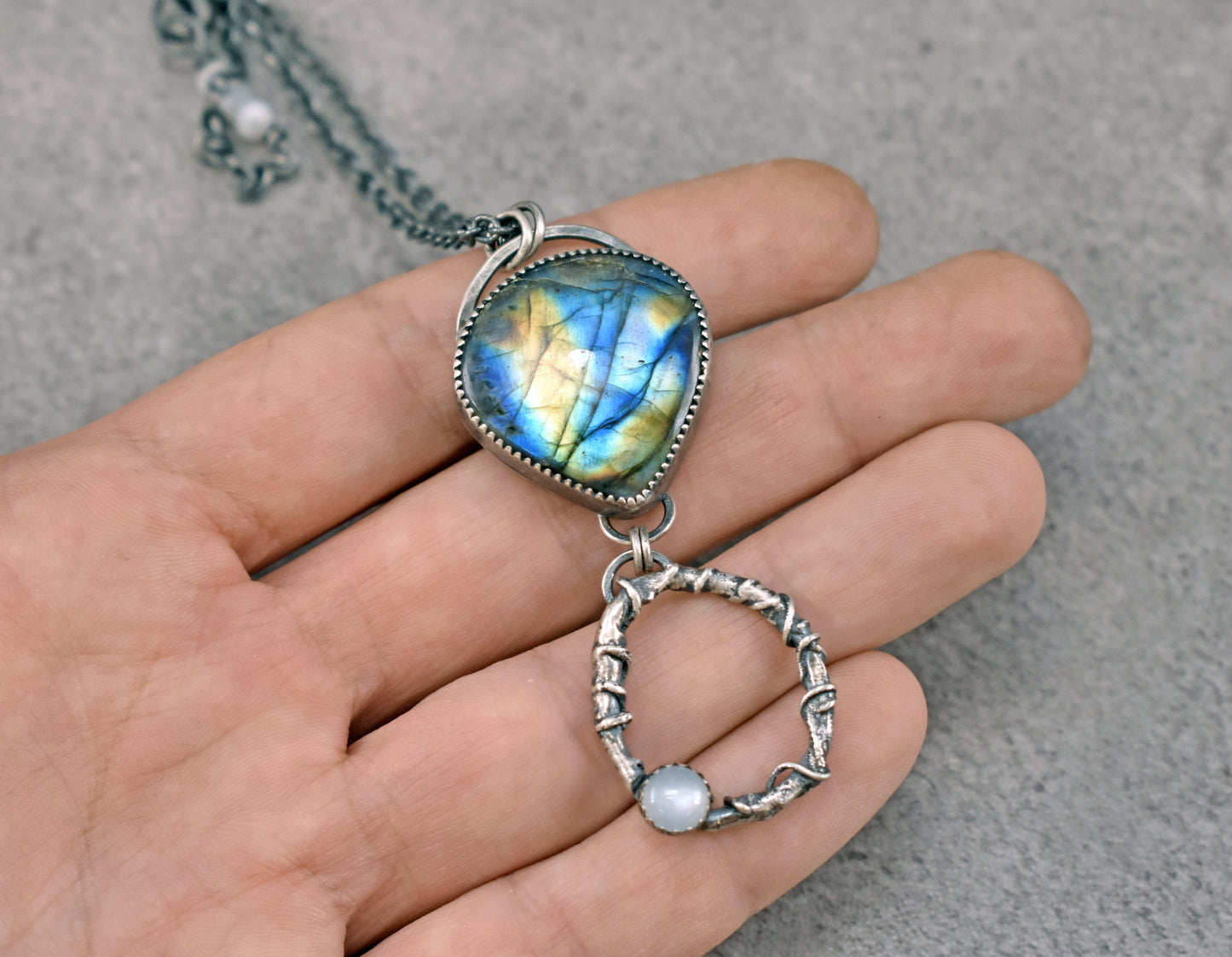 Labradorite, Moonstone and Sterling Silver Necklace, Rustic Silversmith Pendant, Artisan Handmade Jewelry