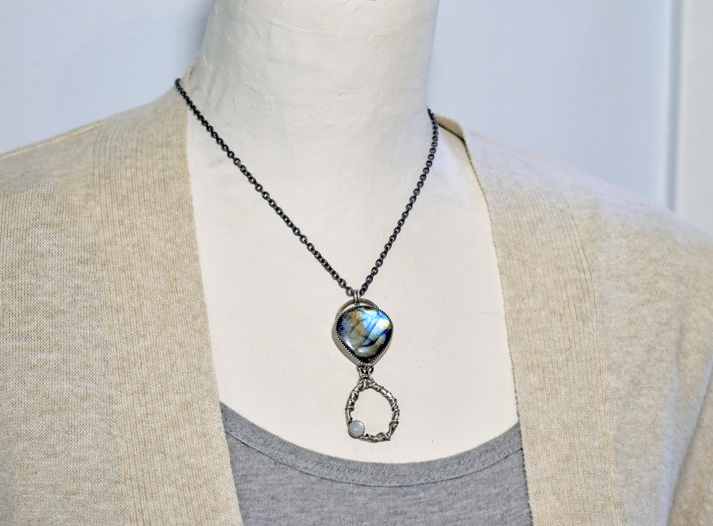 Labradorite, Moonstone and Sterling Silver Necklace, Rustic Silversmith Pendant, Artisan Handmade Jewelry