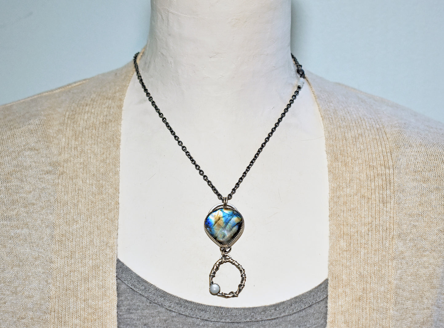 Labradorite, Moonstone and Sterling Silver Necklace, Rustic Silversmith Pendant, Artisan Handmade Jewelry